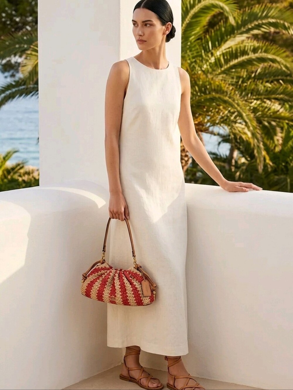 COACH Straw Faye Drawstring Shoulder/Crossbody bag Striped NWT - Picture 8 of 14